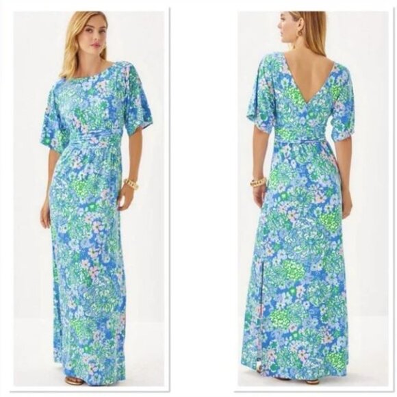 Lilly Pulitzer Parigi Boat Neck Maxi Dress Sunwashed Blue Plumes In Bloom NWT - Picture 1 of 9